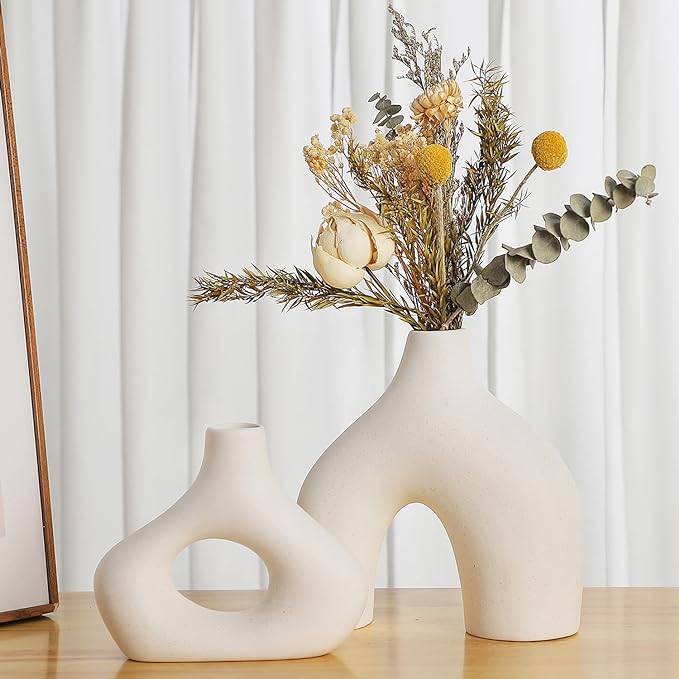 CEMABT White Ceramic Vase Set of 2 for Modern Minimalist Bohemian Decor,Round Matte Donut Vases for Pampas Grass-Perfect for Living Room, Dining Table, Office Bedroom Shelf Decor Entryway, Console