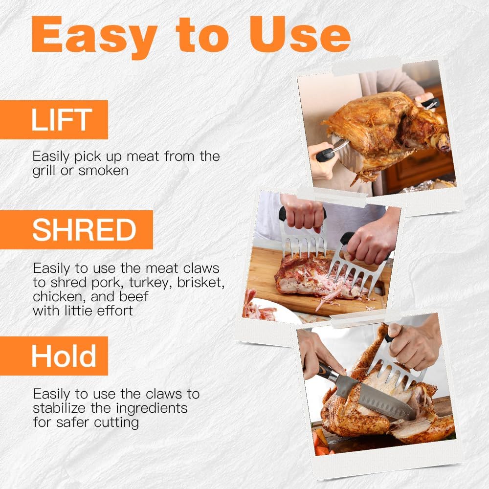 Meat Shredder Claws, 2 PCS Stainless Steel Meat Claws, Metal Pulled Pork with Handle Turkey Pork Chicken Shredder Tool Accessories for Men Grilling Cooking BBQ Serving