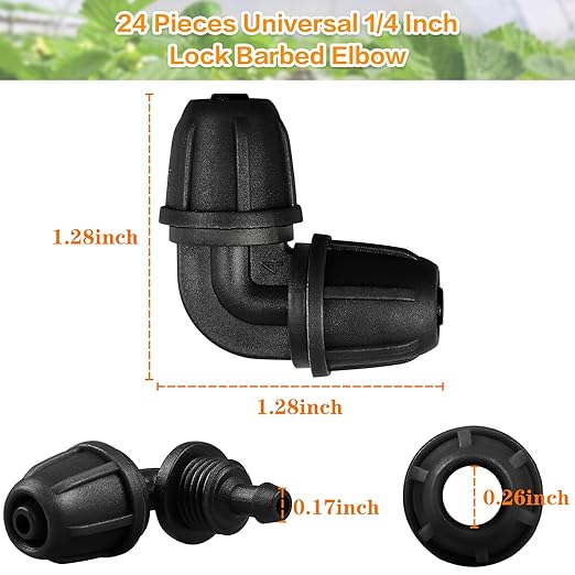 Upgraded 1/4" Drip Irrigation Elbow Fittings:24 Pieces Leak Free Lock Barbed 90 Degree Elbow Connectors for1/4 Inch Irrigation Tubing Quick Connect Parts for Garden Landscape System