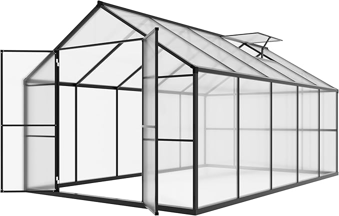 8x10 FT Outdoor Greenhouse Kit, Polycarbonate Aluminum Walk-in Greenhouse with Adjustable Roof Vent and Lockable Door, Backyard Garden in Winter, Gray