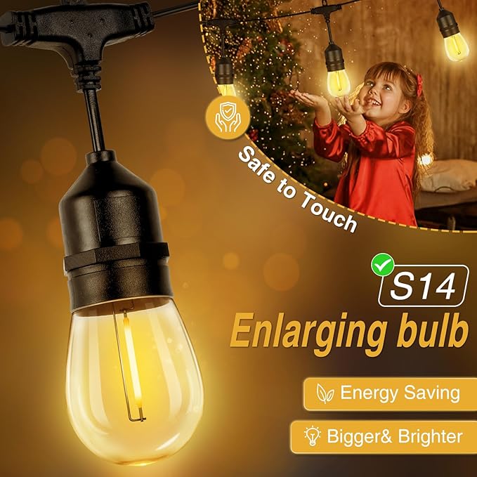 ZJOJO 60FT Solar String Lights Outdoor Waterproof, Solar Lights Outdoor with 15 Shatterproof Bulbs IP65, Patio Light for Outside Decor