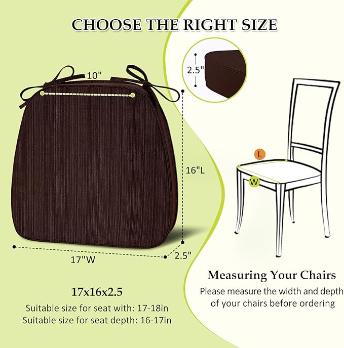 Chair Cushions for Dining Chairs, Indoor Chair Cushions with Ties,Waterproof Chair Pads Set of 6, Brown, 17x16x2.5 Inch
