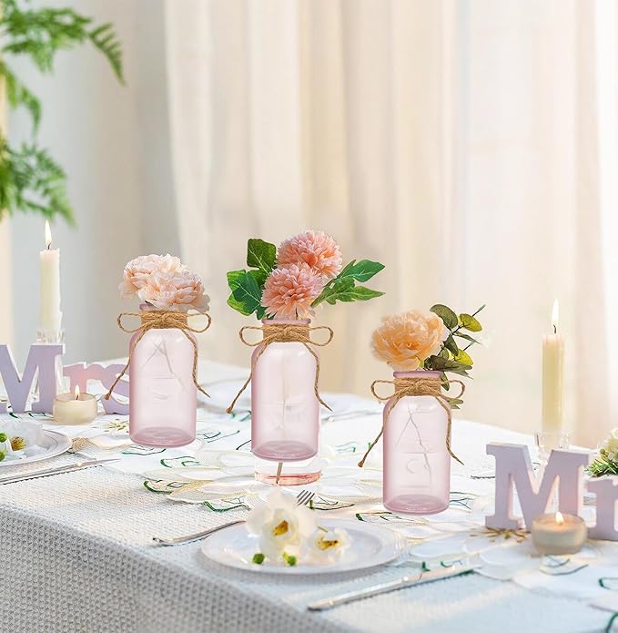Vintage Glass Flower Vase,6 Pack Pink Farmhouse Glass Centerpiece Vases Mason Jars for Weddings, Parties & Home Decor Bulk (6, Pink)