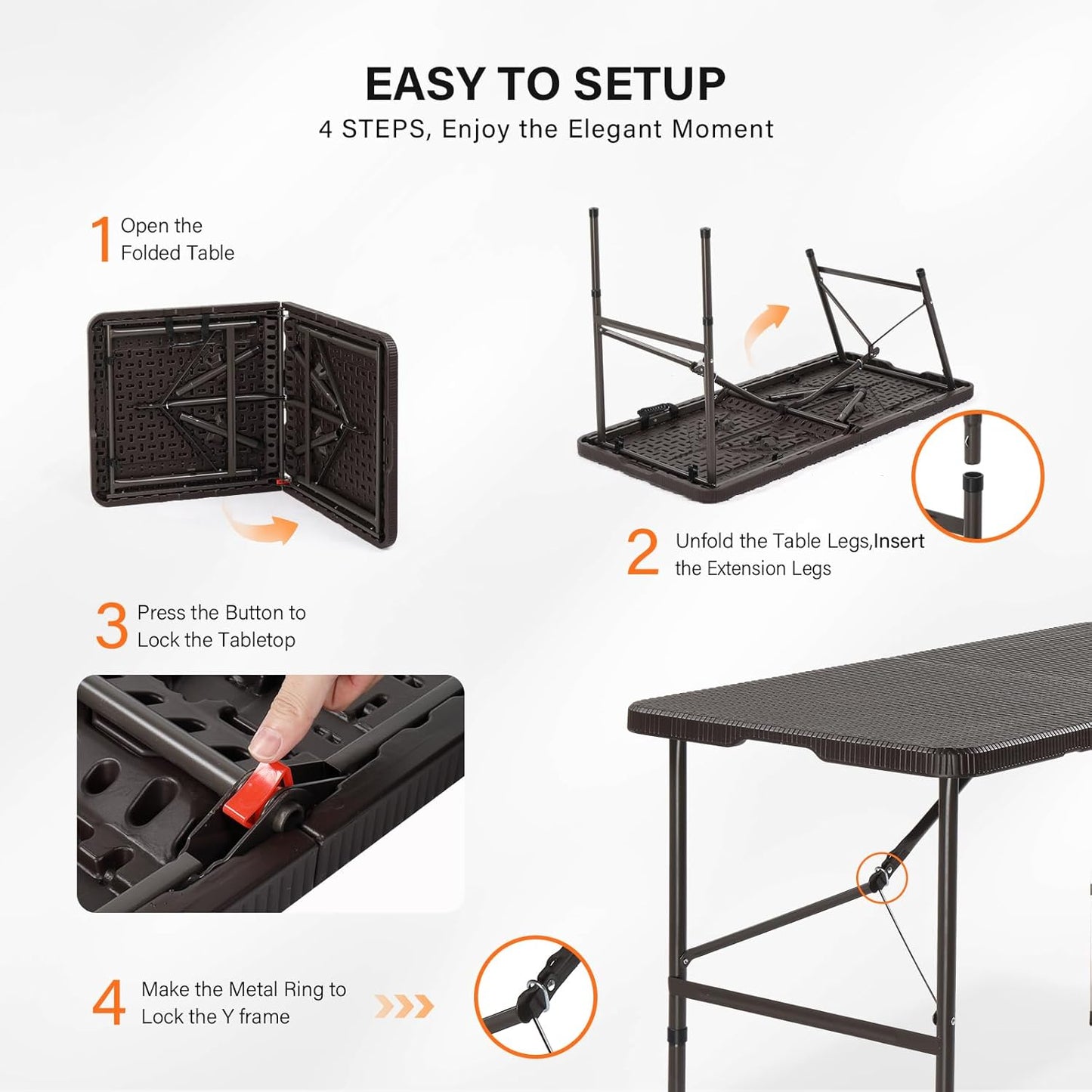 VINGLI 4 FT Plastic Folding Camping Table, Portable in/Outdoor Party Picnic Dining Desk,Garden Soccer Multipurpose Entertaining Activities, Brown
