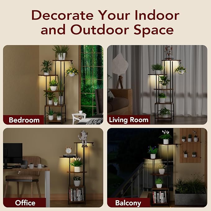 Plant Stand Indoor with Grow Light, 5-Tiered Tall Plant Stand Indoor, Metal Plant Shelf with Hanging Basket Hook and Adjustable Light, Ideal for Living Room, Garden, Patio,Brown and Black(2 pcs )