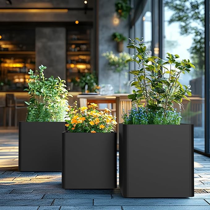 Large Metal Square Planter 20" L x 20" W x 20" H, Black Large Outdoor Planters with Drainage Hole for Porch/Patio/Garden