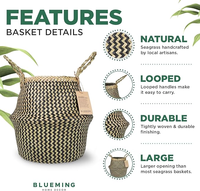 Olive Tree Basket β Small Seagrass Plant Pot for Tall Indoor Artificial Trees, Woven Planter 8-9 Inches, Wicker Baskets for Decorative Storage (Black, Medium)