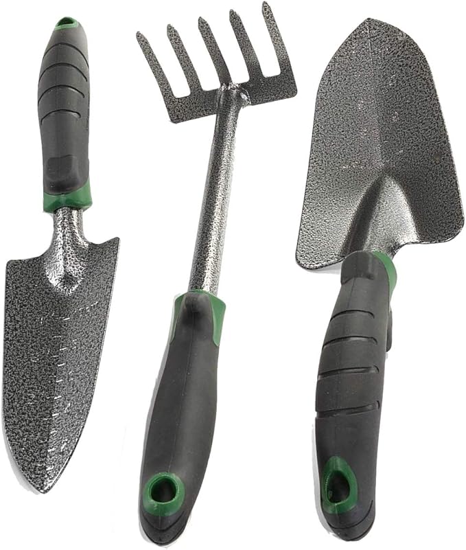 Edward Tools Garden Tool Set - Heavy Duty Carbon Steel Trowel, Transplanter, Hand Rake - 3 Piece Garden Tool Set with Bend-Proof Design - Ergo Rubber Grip Handles