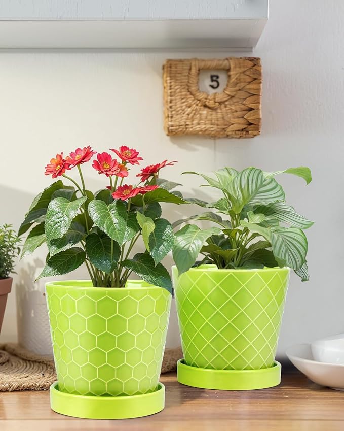 EFISPSS 5 Inch Ceramic Plant Pots Indoor, Planters with Drainage Holes and Ceramic Tray, Relief Design Flower Planter,Desktop Office Windowsill Decoration Gift Set of 4 - Green