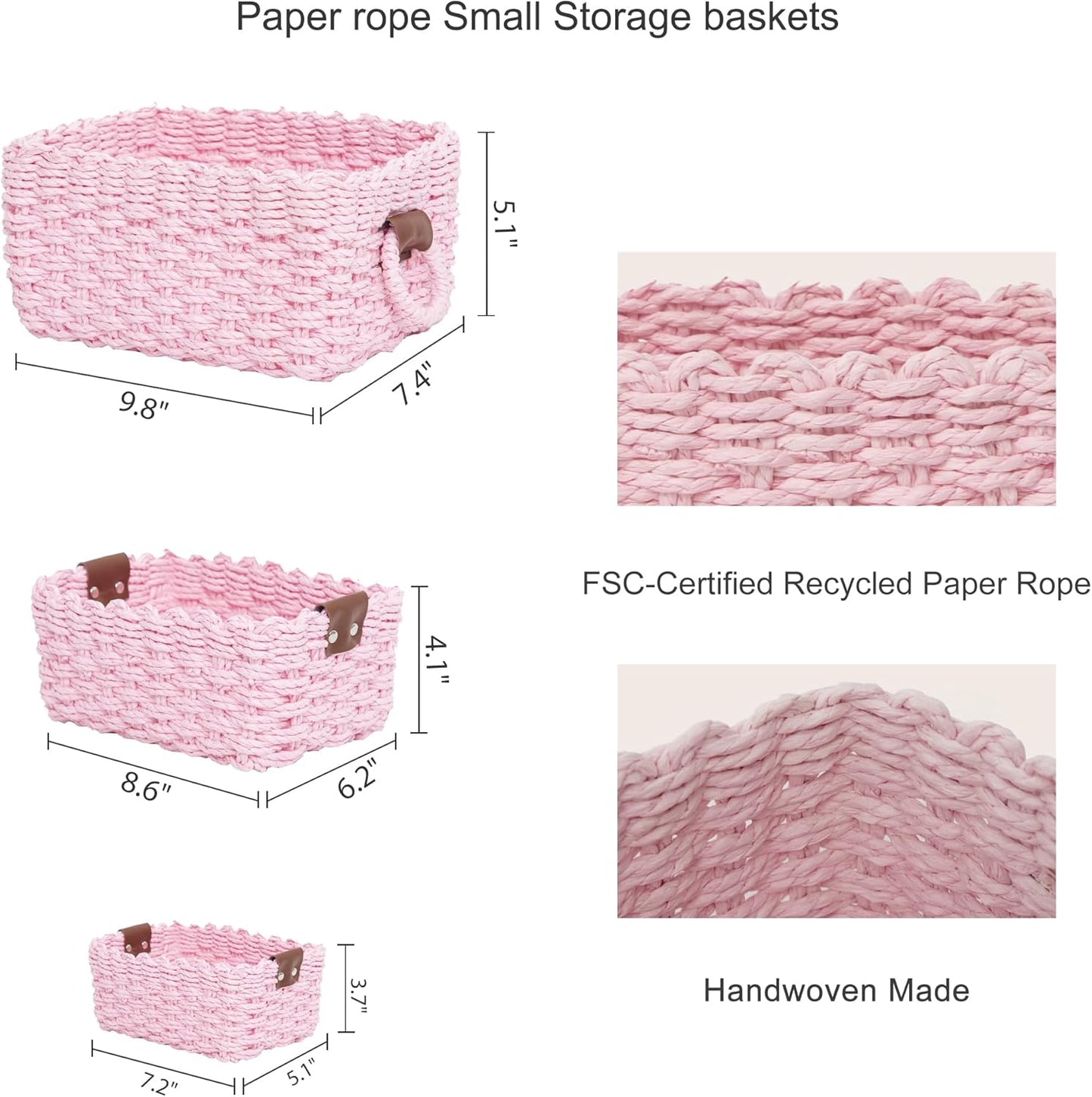 Small baskets for Organizing,Cute woven Storage basket with recycled paper rope for Shelves Bathroom,Little decorative basket,Set of 3 (Pink)