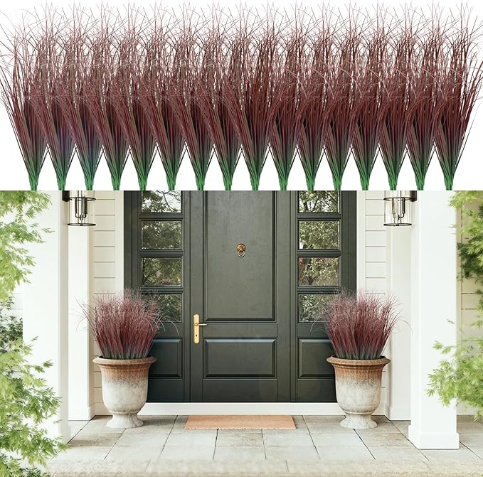 48Pcs Artificial Grass Plants, Faux Shrubs Wheat Grass, Artificial Tall Grasses Fake Plants for Outdoor Decor,Artificial Greenery Stems Weed for Room Indoor Home Decor(Red)