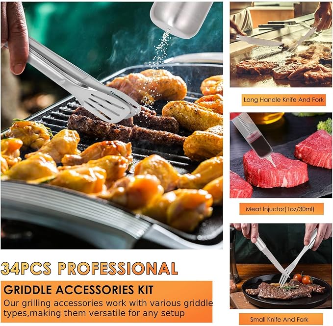 Yoehka BBQ Grilling Accessories Set, 34Pcs Heavy Duty Grill Tools for Outdoor Camping, Grilling Gifts for Men Dad, Stainless Steel Barbecue Utensils Kit with Mats and Glove in Carrying Bag, Silver
