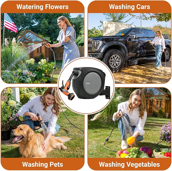 Ruvup Retractable Garden Hose Reel, 1/2in x 50ft Water Hose Reel with 10 Style Nozzle, UV Resistant Automatic Gardening Hose Reel Wall Mount for Outside, Slow Retraction Any Length Lock 180° Swivel