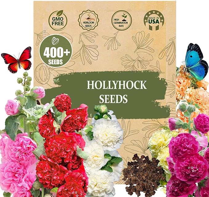 Premium Rare Hollyhock Seeds β 400+ Double Hollyhock Flower Seeds β Non-GMO, Heirloom Perennial β Showy Blooms for Outdoor Planting (Double Hollyhock Mix)