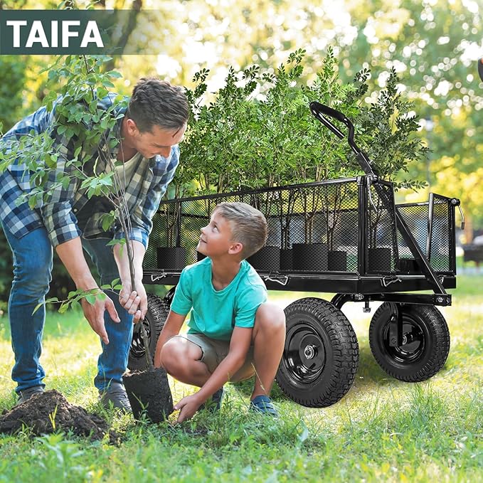 Taifa Heavy Duty 1100 Lbs Capacity Steel Garden Cart with 11.5 inch Tire, Removable Side Panels Turn Into Flatbed, Utility Cart for Yard Lawn and Farm, Metal Wagon with 180° Rotating Handle, Black