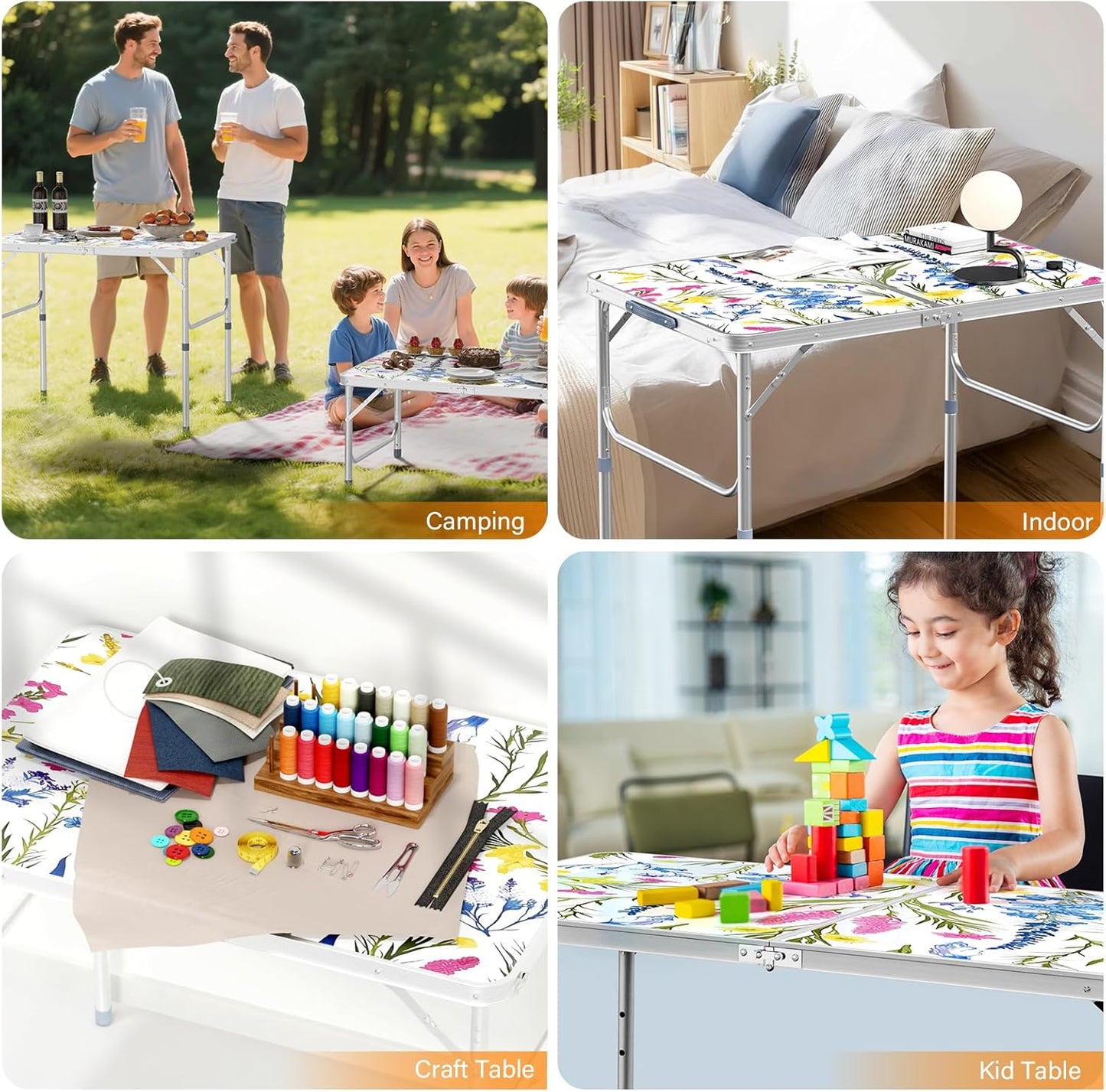 VINGLI 3FT Small Folding Camping Table Adjustable Height Aluminum Folding Table for Picnic Party BBQ, Plastic RV Suitcase Table Portable Lightweight Fold Up Utility Outdoor Tables