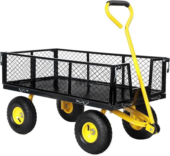 SUNNYFEEL 900 Lbs Capacity Heavy Duty Mesh Steel Garden Cart, Folding Utility Wagon with Removable Sides,10 Inch Flat Free Tires, Black & Yellow