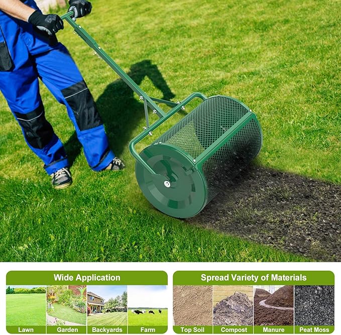 Seeutek Compost Spreader - 24" Peat Moss Spreader with 3 Heights, Top Soil Spreader W/Upgraded Side Latches Support Rod Powder Coated Metal Mesh Top Dressing Spreader for Lawn, 2 Way Uses-Push or Tow