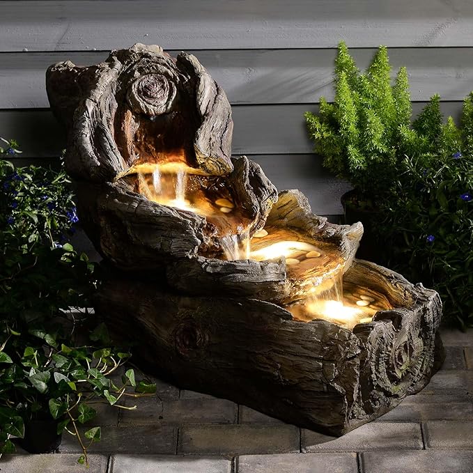 31.5" L Garden Water Fountain Outdoor, Artifical Imitation Wood Outdoor Water Fountain Natural Waterfall with LED Lights for Patio,Porch,Backyard,Home Art Decor(Resin)