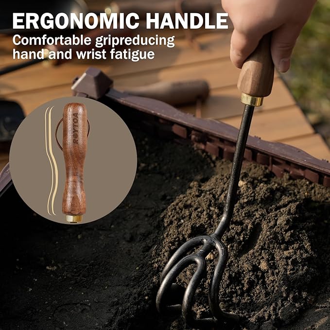 Hand Cultivator Rake, Ergonomic Small Garden Rake with Walnut Handle & 4 Durable Tines, Garden Tools for Weeding, Digging and Cultivating