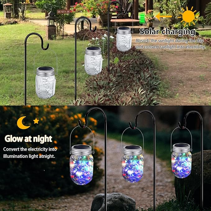 Hanging Solar Mason Jar Lights,ZQX 2 Pack 20 Led String Hanging Mason Jar Lanterns for Outdoor,Great Decor Light for Outside Patio Garden Yard Fence Wedding Table,Hangers and Jars Included(Multicolor)