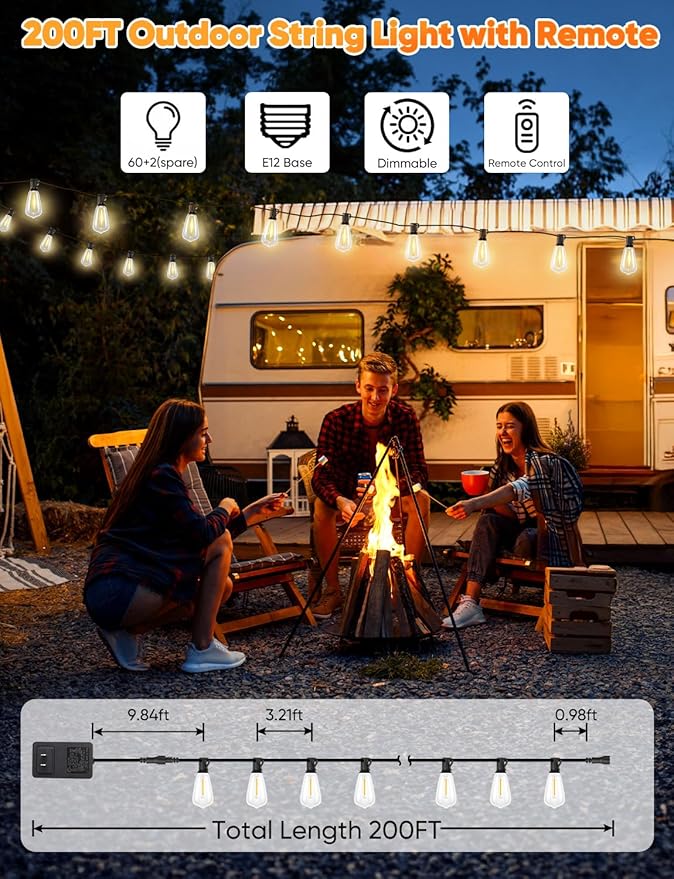 Brightever Outdoor String Lights with Remote, 200FT LED Patio Lights with 62 ST38 Shatterproof Vintage Bulbs, Dimmable String Lights for Outside, Waterproof IP65 Outdoor Lighting for Balcony, Camping