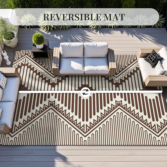 MontVoo Outdoor Rug 8x10 Waterproof Patio Rug-Outdoor Carpet Mat Reversible Plastic Straw Outside Outdoor Rug for RV Camping Picnic Balcony Backyard Pool Deck Porch Modern Boho Beige Brown