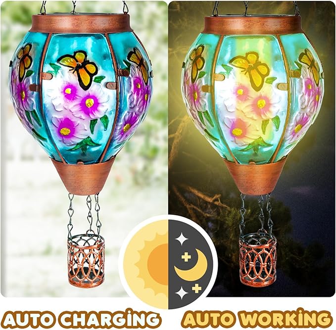 Solar Hot Air Balloon Lantern with Flame, Butterfly Glass Outdoor Solar Lanterns for Outside Hanging Farmhouse Patio Pathway Decor, Butterfly Gifts for Women Grandma Mom