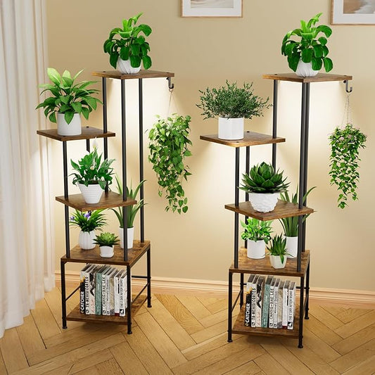 Plant Stand Indoor with Grow Light, 5-Tiered Tall Plant Stand Indoor, Metal Plant Shelf with Hanging Basket Hook and Adjustable Light, Ideal for Living Room, Garden, Patio,Brown and Black(2 pcs )
