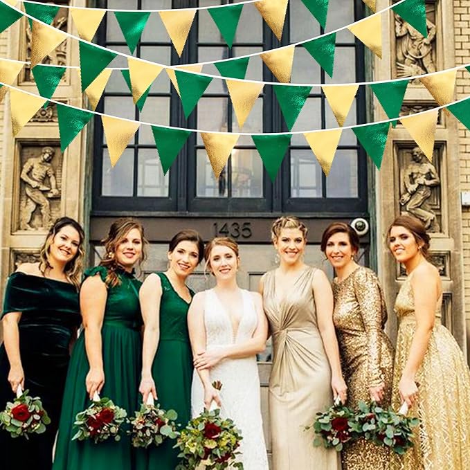 Green Gold Party Decorations Metallic Fabric Triangle Pennant Banner Flag Bunting Garland for Graduations Birthday Retirement Wedding Baby Shower Spring Summer Master Golf Theme Outdoor Party Supplies