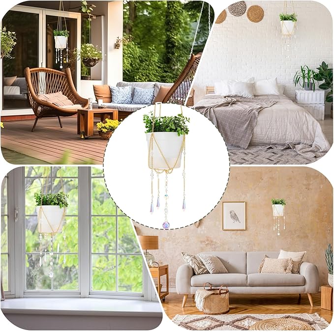 Chunful 3 Pack Sun Catcher Plant Hanger with Beads and Glass Crystal Beaded Plant Hanger Sun Catchers Kit Hanging Basket Accessories for Indoor Home Rainbow Decor, Pots Not Included(Gold)