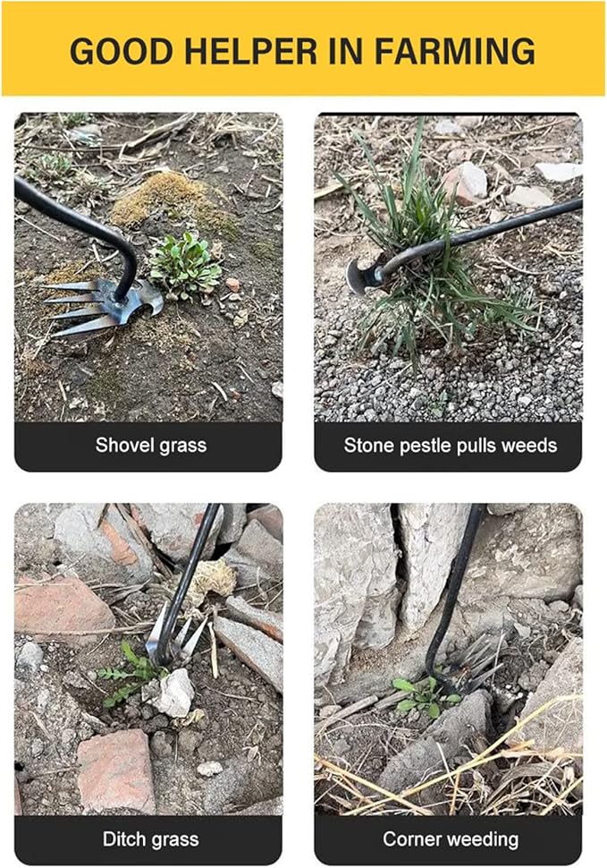 Weeding Artifact Uprooting Weeding Tool, Multifunctional Weeder, Hand Weeder Tool, 4 Teeth Stand Up Weed Puller Tool with Handle for Garden Yard Farm Weed Removal (16in, Extra Long Wood Handle)