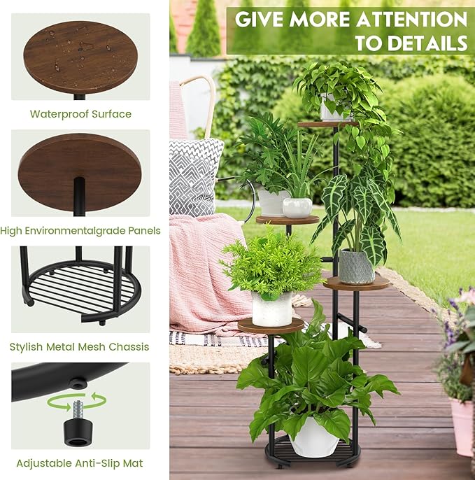 TOSKING 5 Tier Metal Plant Stand Indoor, Plant Shelf, Corner Shelf Flower Pot Stand for Outdoor Plant Stand for Living Room Balcony Garden Patio Bedroom (Black and Brown, 42in)