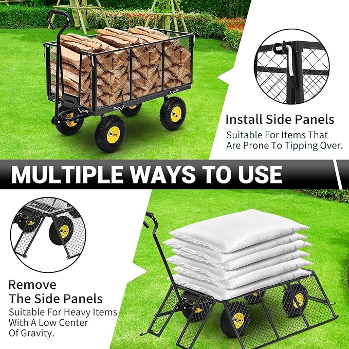 Heavy Duty Steel Garden Cart, 1100LBS Pullable Metal Garden Wagon with 10" Wheels, 180° Rotating Handle and Removable Sides for Outdoor, Farm, Yard, Beach 