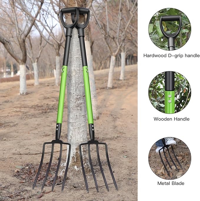 GARDENWORK Garden Fork,Pitchfork for Garden Digging Compost Spading,4-Tines Pitch Fork with Steel Handle and Strengthen Fork Head 45inches (with Protective Gloves)
