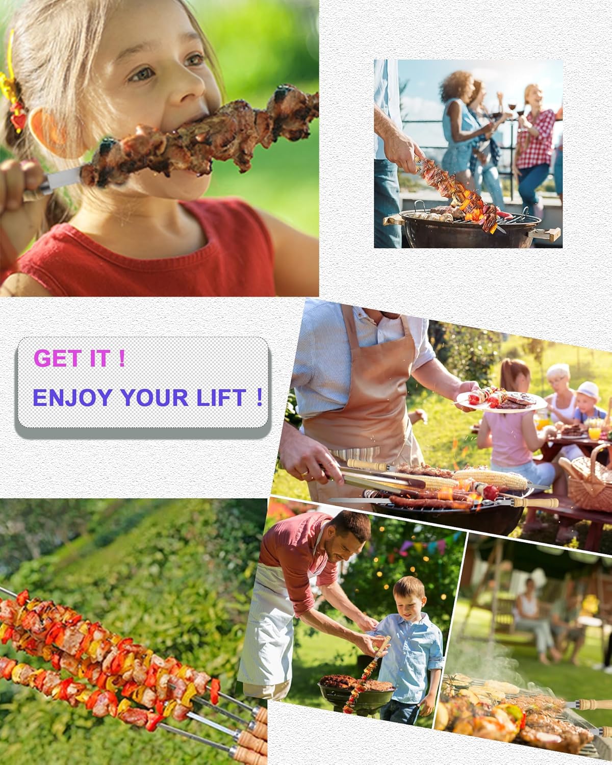 23.5" Long 304 Stainless Steel Skewers for Kabobs with Wood Handle,Heavy Duty Wide Flat Metal Kebab Skewer,Kabob Skewers for Grilling,BBQ Barbecue Skewer Reusable for Outdoor Grill(6 PCS)