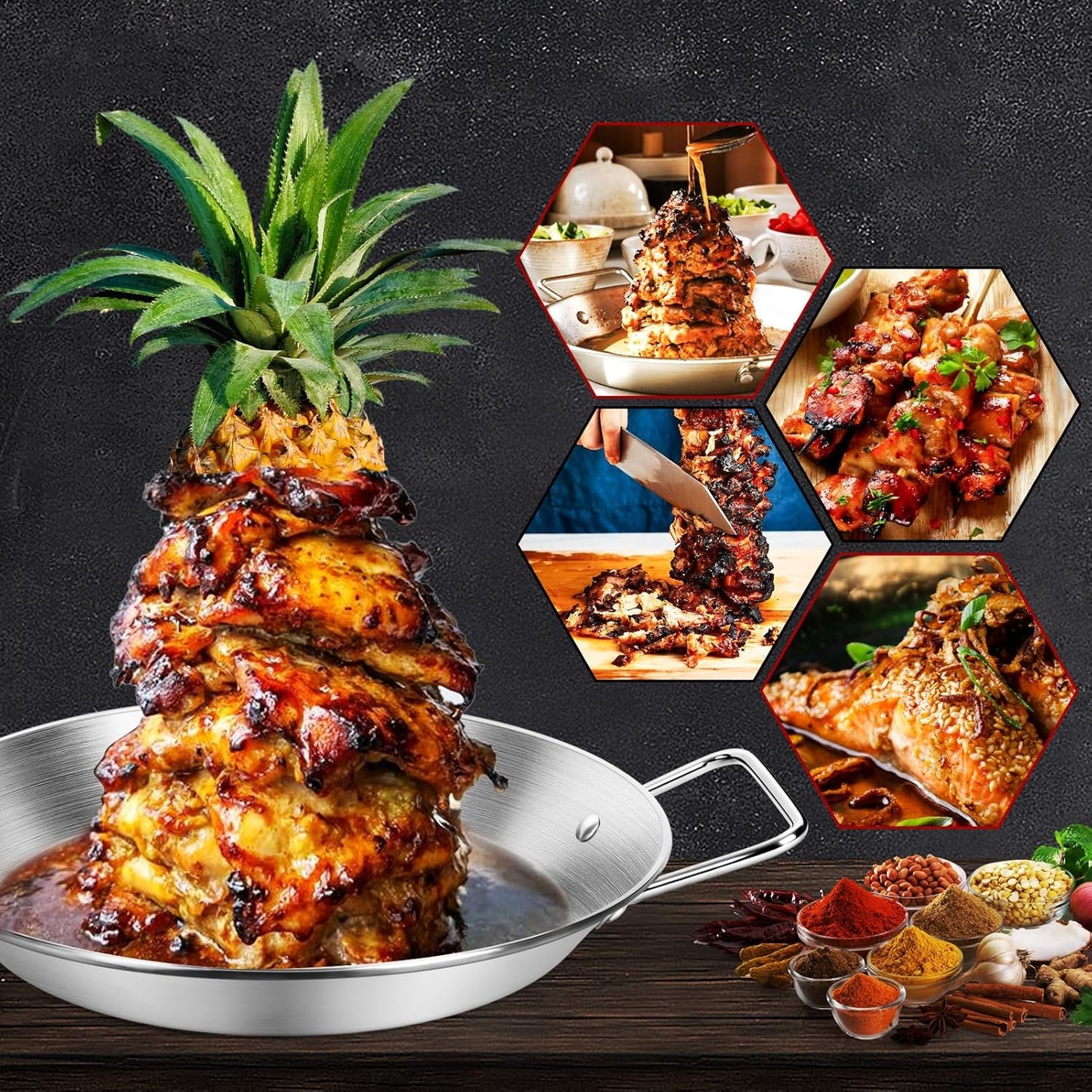 Stainless Steel Al Pastor Skewer & Gyro Pan for Grill – BBQ Vertical Skewer Pan Set with 3 Removable Spikes (8”/10”/12”), Brushes & Tongs, Brazilian Spit Stand for Tacos, Shawarma, Kebabs, Oven