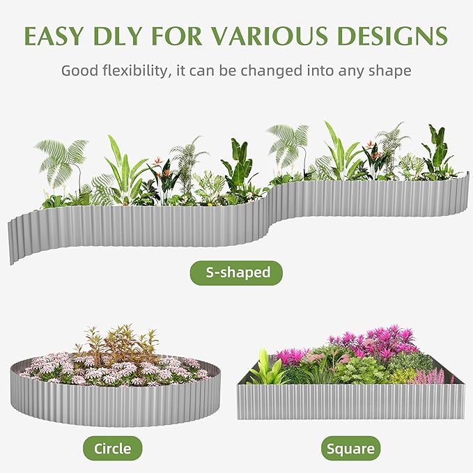 Metal Garden Edging Border, Corrugated Steel Landscaping, DIY for Lawn (Silver, 6 Inch x 10FT)