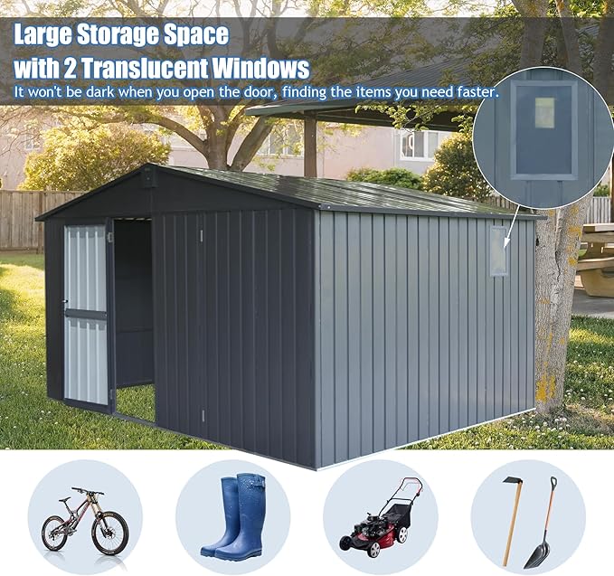 Domi Backyard Storage Shed 11β x 12.5β with Galvanized Steel Frame & Windows, Outdoor Garden Shed Metal Utility Tool Storage Room with Lockable Door for Patio(Dark Gray)