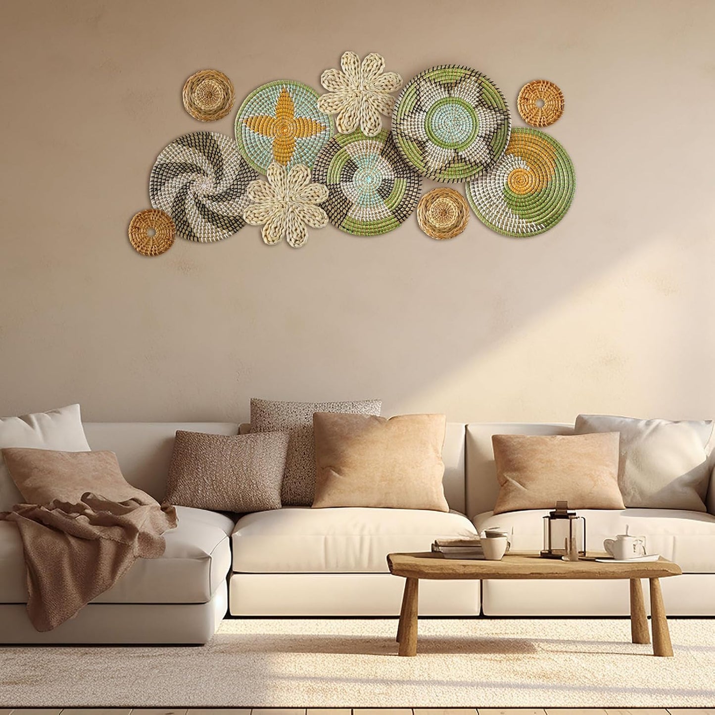 Tatuo 11 Pcs Boho Wall Basket Decor Decorative Bulrush Woven Basket Wall Decor Art Round Farmhouse Hanging Baskets for Kitchen Rustic Home Summer Decorations, Multi Sizes(Stylish)