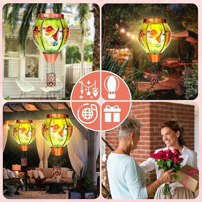 Solar Hot Air Balloon Lantern with Flame, Outdoor Solar Lanterns for Outside Garden Yard Farmhouse Patio Pathway Decoration, Gifts for Women Grandma Mom - Style A