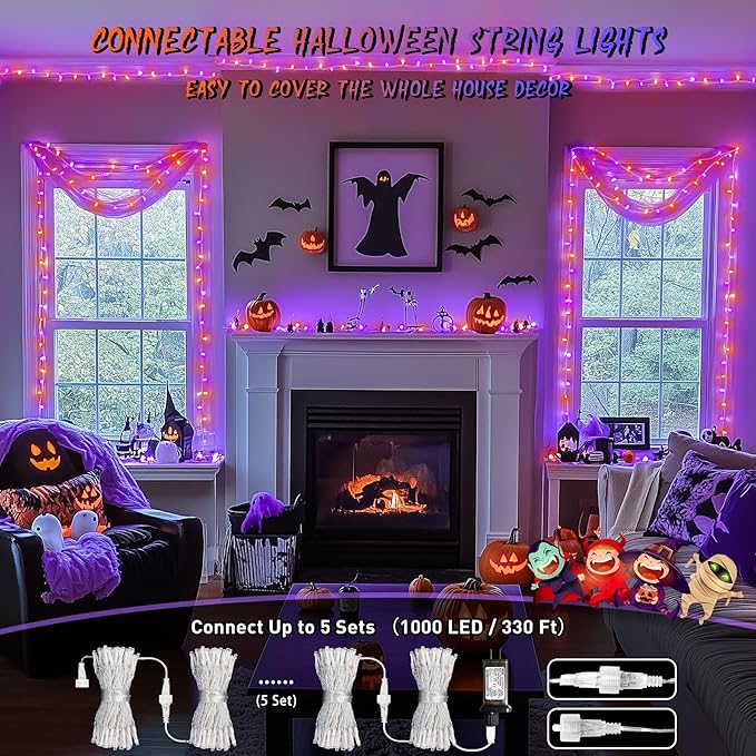 JMEXSUSS Halloween Lights Outdoor, 66FT Purple Orange Lights for Halloween Decorations, 200 LED Halloween String Lights Indoor for Bedroom Fireplace Mantel Party Patio Yard Door Halloween Tree