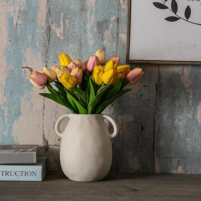 Off-White Ceramic Vase with 2 Handles, Sandstone Texture for Modern Farmhouse Decor, Rustic Pottery, Decorative Flower Vase, Clay Small Vase, Centerpiece for Dining Table - 7 Inch Tall