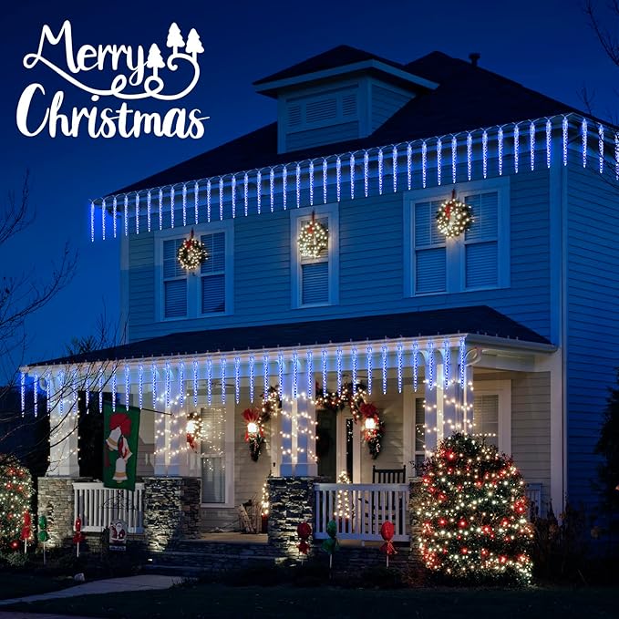 Icicle Lights Outdoor, 19.8Ft Meteor Shower Lights with 20 Tubes, Snowfall Shooting Star Light Effect, Falling Cascading Crystal Christmas Decorations for House, Eave, Roofline, Patio, Blue