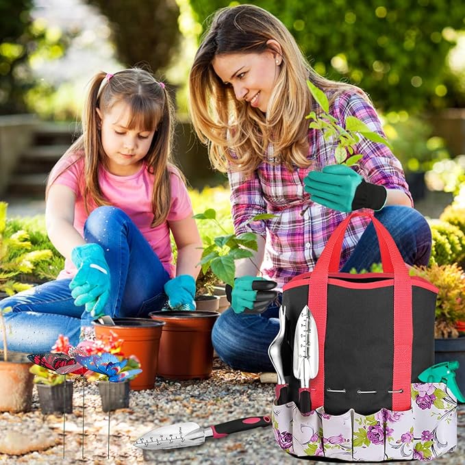 Garden Tools Set 83 Piece Succulent Tools Set Included, Heavy Duty Aluminum Gardening Tools for Gardening, Ergonomic Handle Tools, Storage Tote Bag, Gifts Tools for Men Women (Red)