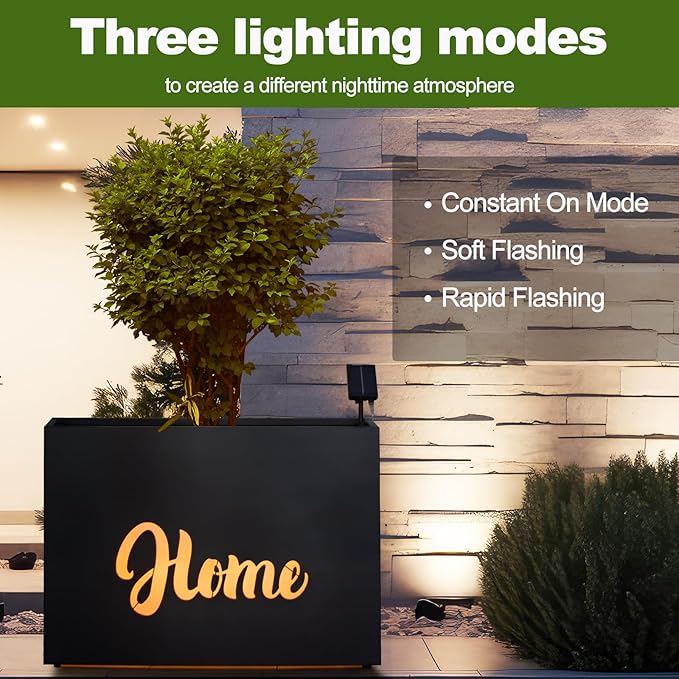 Metal LED Planter Box Rectangular Block - Galvanized Steel Long Planters Box with Solar Light Outdoor All-Weather Use with Drainage Holes for Cafe Bar Mall Patio/Porch/Entrance, 35.5×24×12IN(Home)