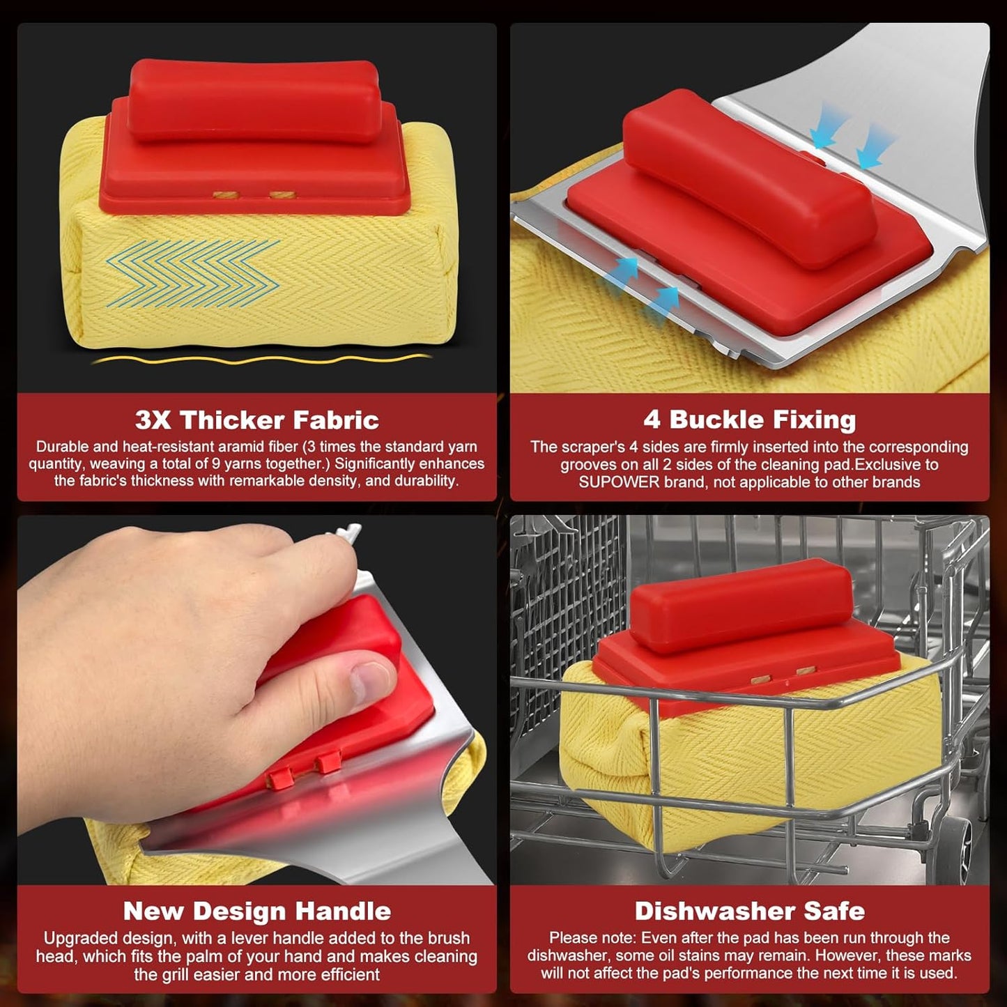 Steam Safe Grill Cleaning Brush Bristle Free and Scraper for Outdoor Grill with 15" Extended Handle, 3X Thick Aramid Fabric Replaceable Brush Heads, Triple-Groove Scraper Design for All Grates, Red