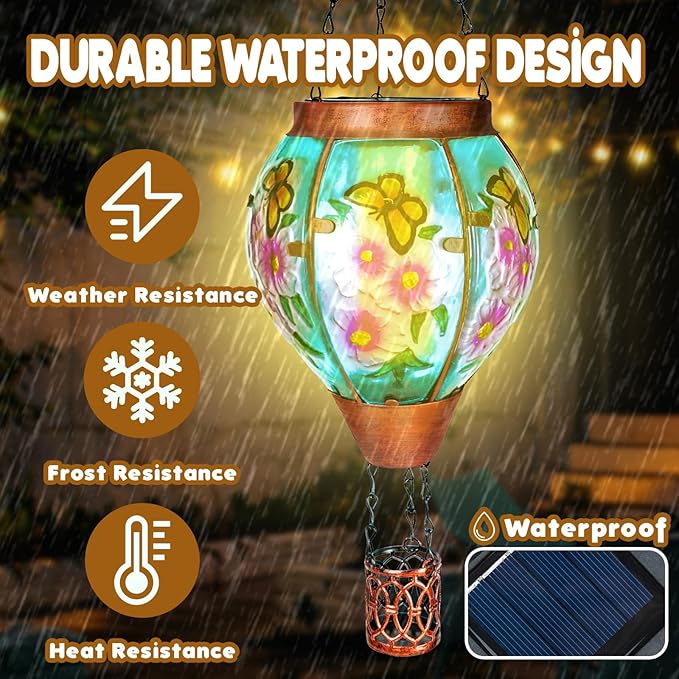 Solar Hot Air Balloon Lantern with Flame, Butterfly Glass Outdoor Solar Lanterns for Outside Hanging Farmhouse Patio Pathway Decor, Butterfly Gifts for Women Grandma Mom
