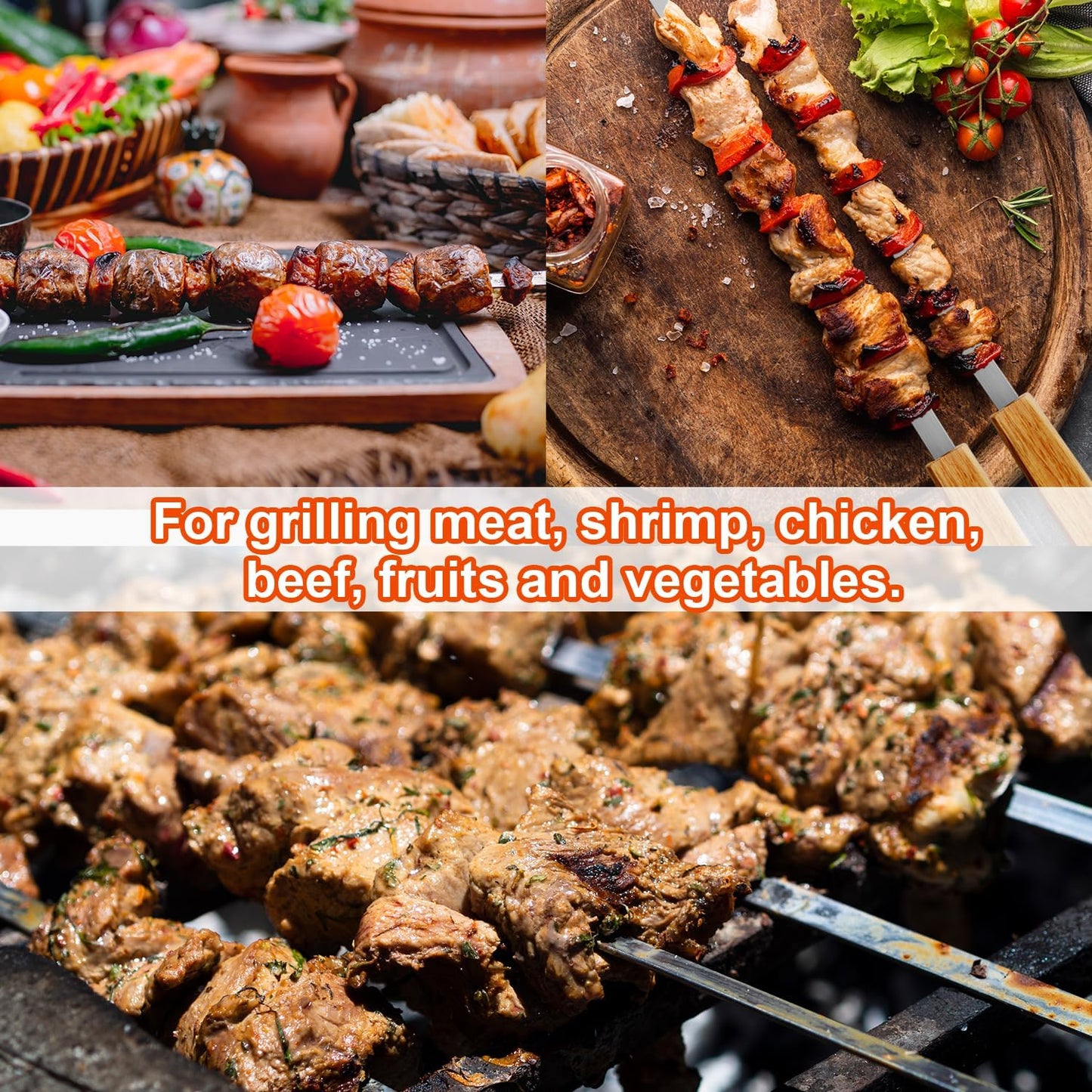 SHIKORI Kabob Skewers,BBQ Barbecue Skewers,Stainless Steel Sticks,17 Inch Heavy Duty Large Wide Reusable,with Nonslip Wooden-8 Pcs