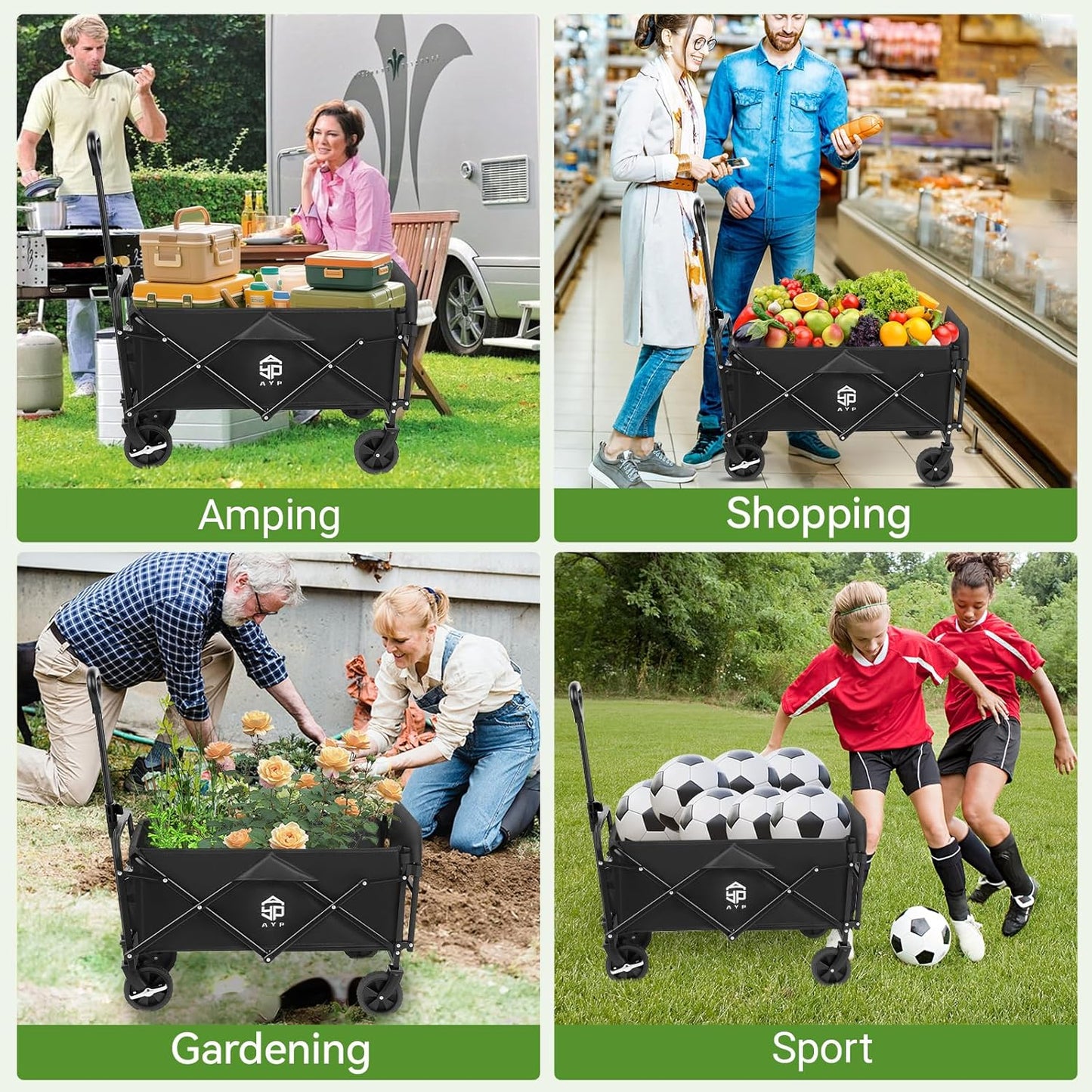 AYP Collapsible Wagon Cart Foldable with Wheels, Beach Wagon with Extended Tailgate & Brake, Heavy Duty Rolling Carts for Garden, Grocery Shopping, Camping, Outdoor Sports, Yard Work, Fishing